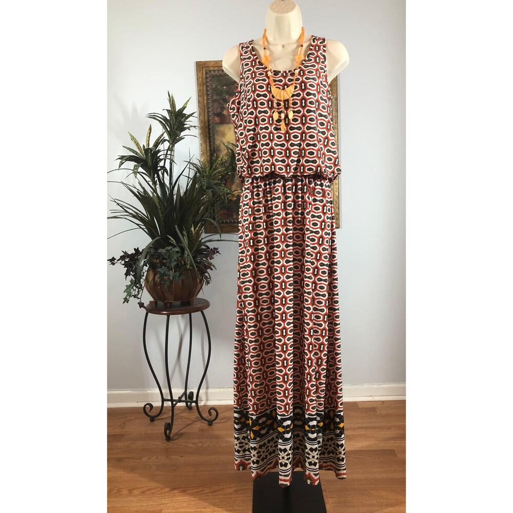 Magic Maxi Dress Women Small Red Geometric Sleeveless Stretch Boho Casual